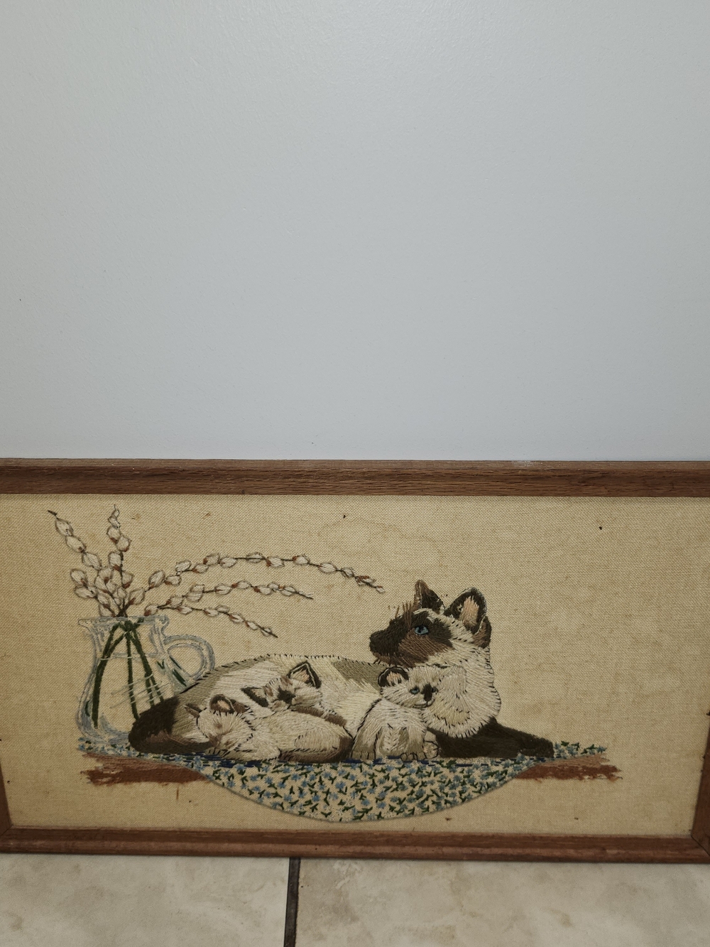 Handcrafted Framed Siamese Cat Needlepoint Crewel Wall Art in Beige 23x14